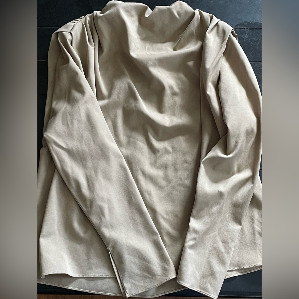 Tan Zara shirt with zipper in back.